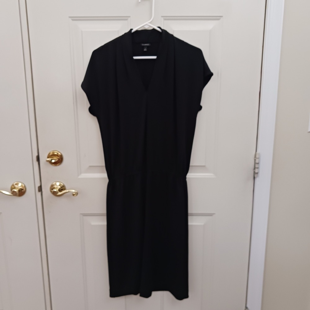 Talbots Black V-Neck Sheath Dress Cap Sleeve Elastic Waist Stretch Jersey Small